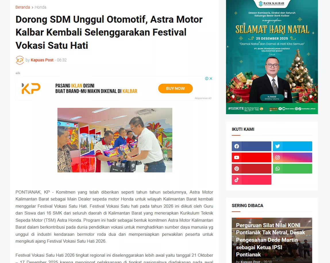 Dorong SDM Unggul Otomotif, Astra Motor Kalbar Kembali Selenggarakan Festival Vokasi Satu Hati