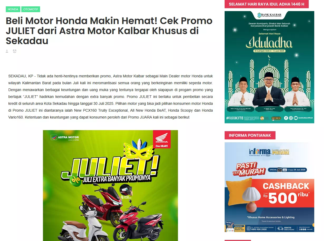 Beli Motor Honda Makin Hemat! Cek Promo JULIET dari Astra Motor Kalbar Khusus di Sekadau