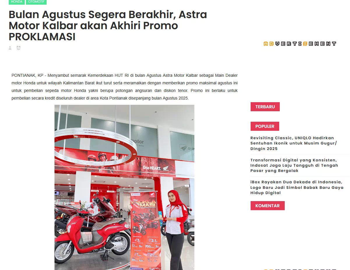 Bulan Agustus Segera Berakhir, Astra Motor Kalbar akan Akhiri Promo PROKLAMASI