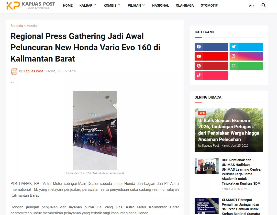 Regional Press Gathering Jadi Awal Peluncuran New Honda Vario Evo 160 di Kalimantan Barat