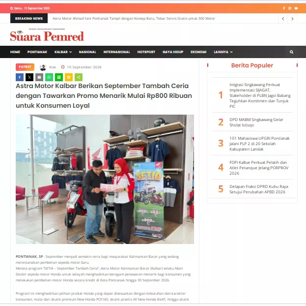 Astra Motor Kalbar Berikan September Tambah Ceria dengan Tawarkan Promo Menarik Mulai Rp800 Ribuan untuk Konsumen Loyal