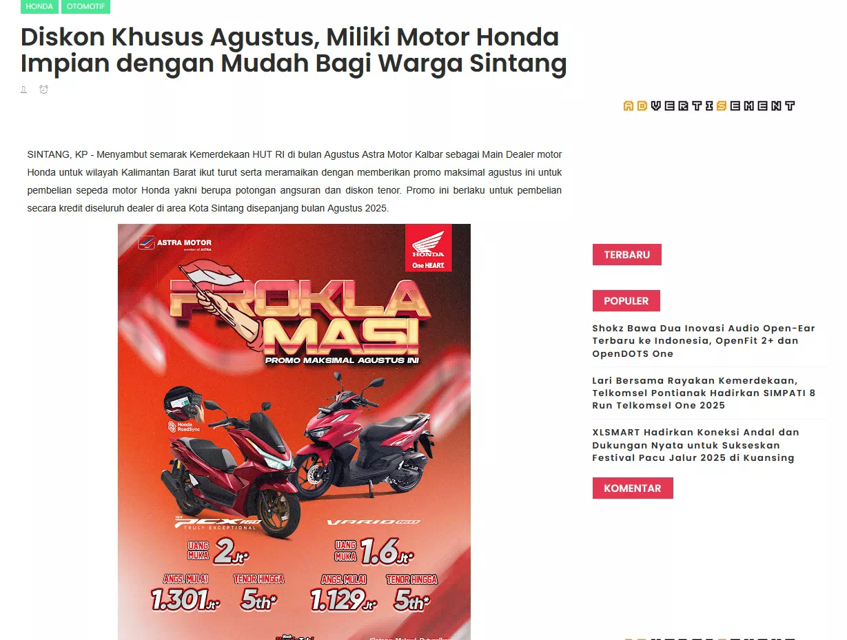 Diskon Khusus Agustus, Miliki Motor Honda Impian dengan Mudah Bagi Warga Sintang