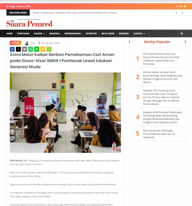 Astra Motor Kalbar Berikan Pemahaman Cari Aman pada Siswa-Siswi SMKN 1 Pontianak Lewat Edukasi Generasi Muda