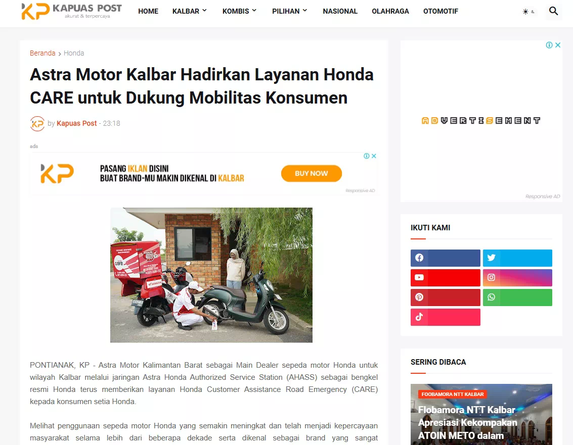 Astra Motor Kalbar Hadirkan Layanan Honda CARE untuk Dukung Mobilitas Konsumen