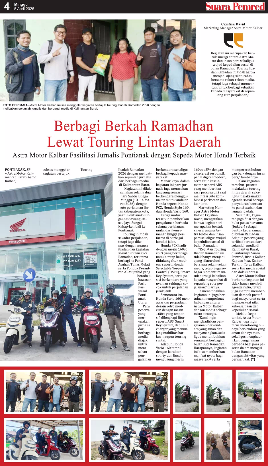 Berbagi Berkah Ramadhan Lewat Touring Lintas Daerah, Astra Motor Kalbar Fasilitasi Jurnalis Pontianak dengan Sepeda Motor Honda Terbaik