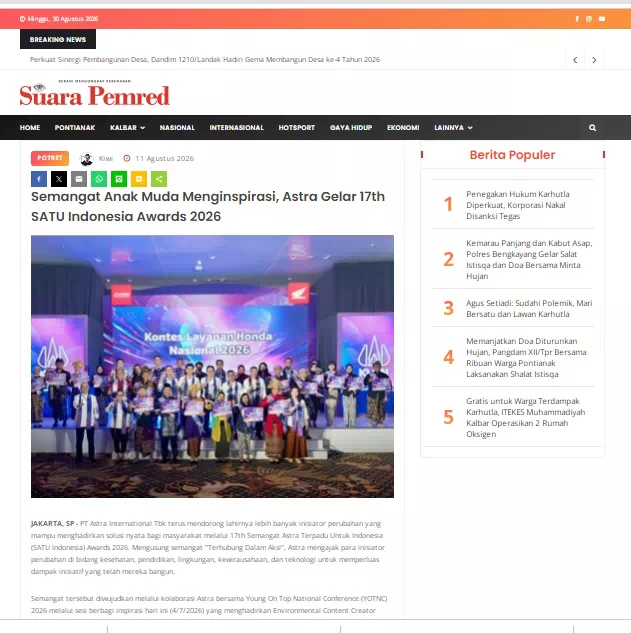 Semangat Anak Muda Menginspirasi, Astra Gelar 17th SATU Indonesia Awards 2026