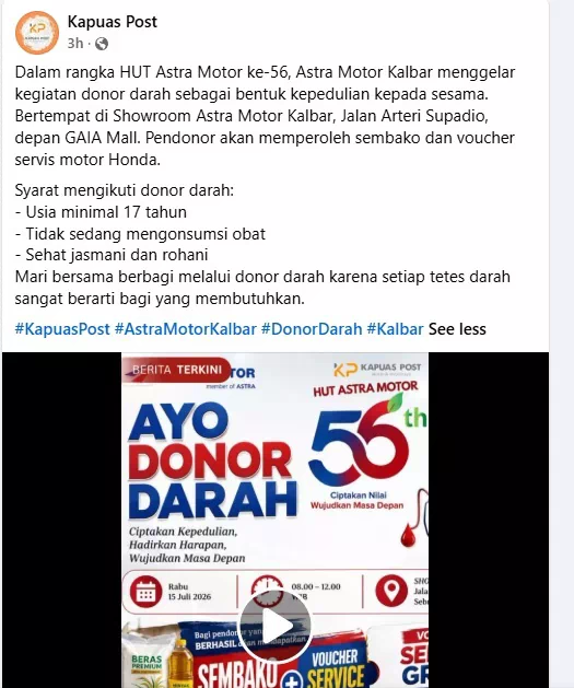 Dalam rangka HUT Astra Motor ke-56, Astra Motor Kalbar menggelar kegiatan donor darah sebagai bentuk kepedulian kepada sesama.