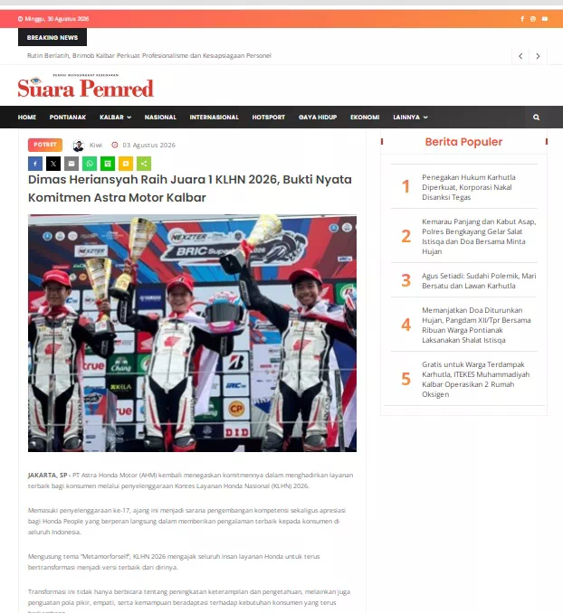 Dimas Heriansyah Raih Juara 1 KLHN 2026, Bukti Nyata Komitmen Astra Motor Kalbar
