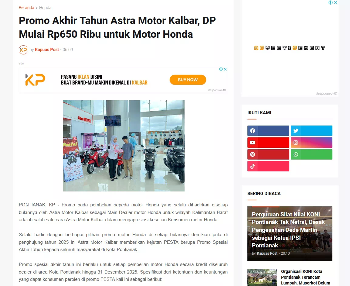 Promo Akhir Tahun Astra Motor Kalbar, DP Mulai Rp650 Ribu untuk Motor Honda