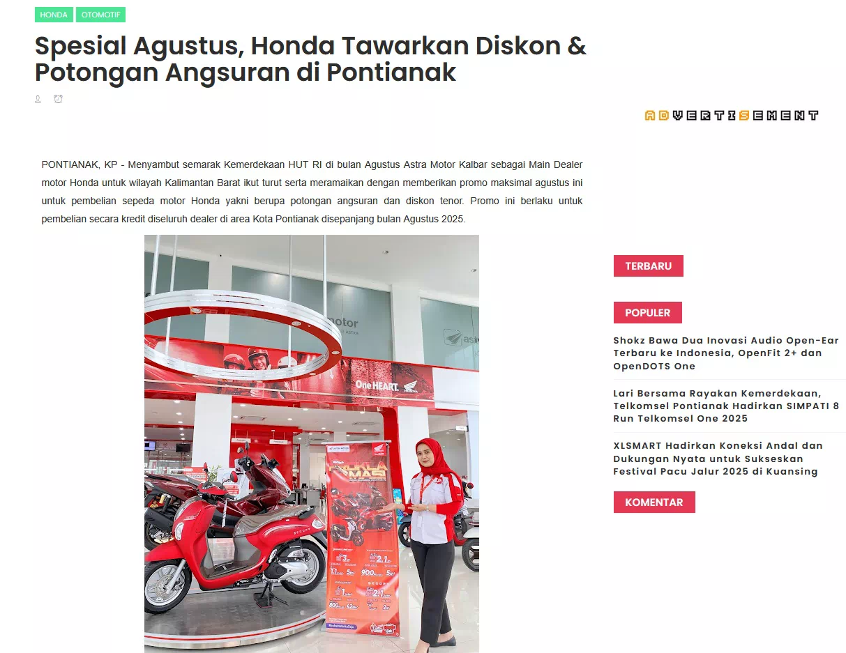 Spesial Agustus, Honda Tawarkan Diskon &amp; Potongan Angsuran di Pontianak