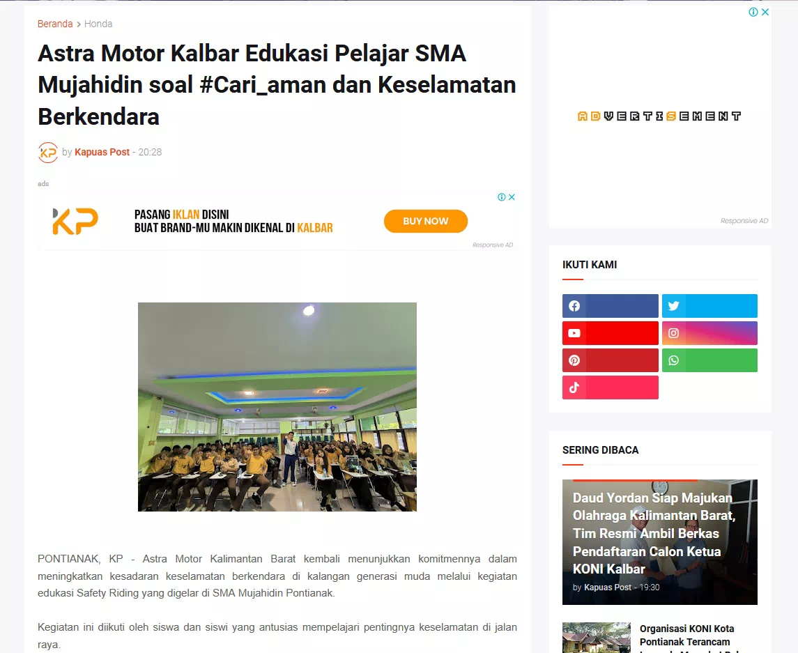 Astra Motor Kalbar Edukasi Pelajar SMA Mujahidin soal #Cari_aman dan Keselamatan Berkendara