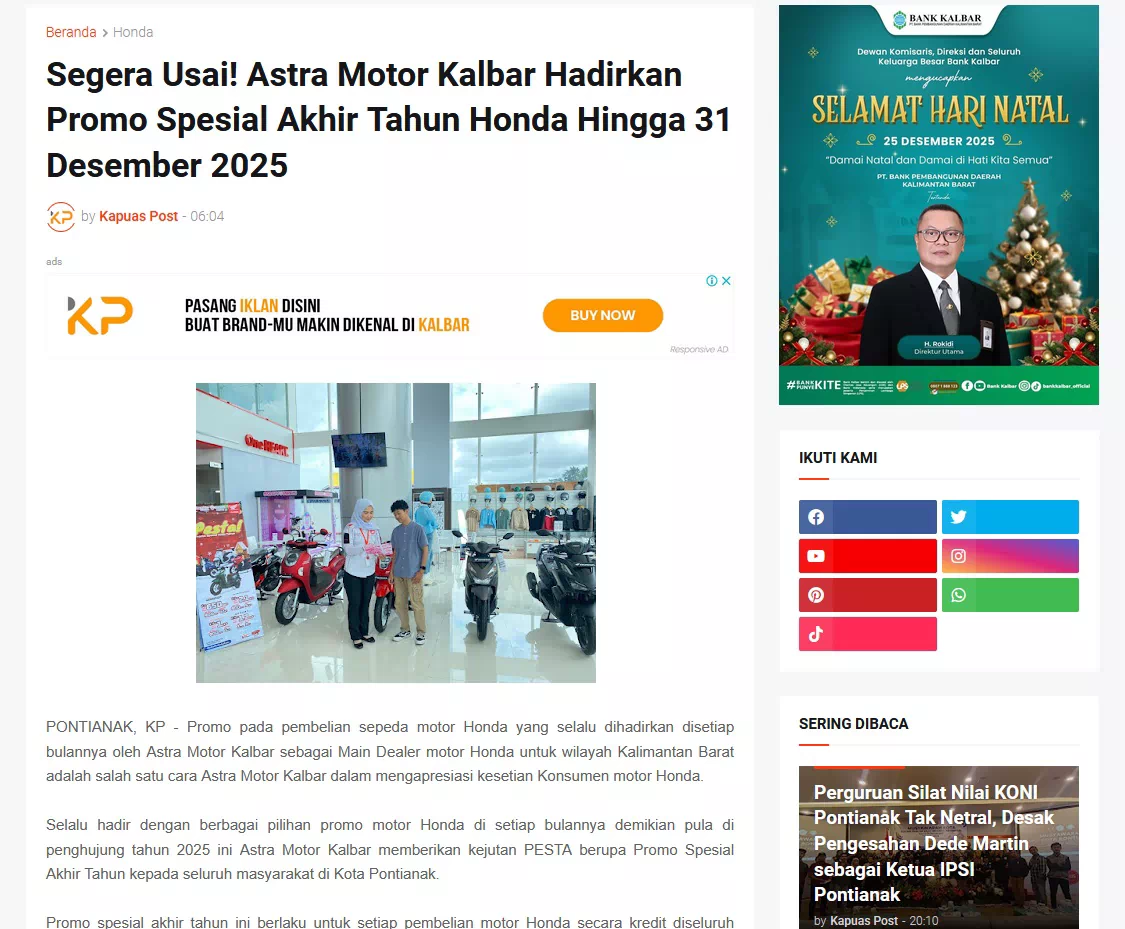 Segera Usai! Astra Motor Kalbar Hadirkan Promo Spesial Akhir Tahun Honda Hingga 31 Desember 2025