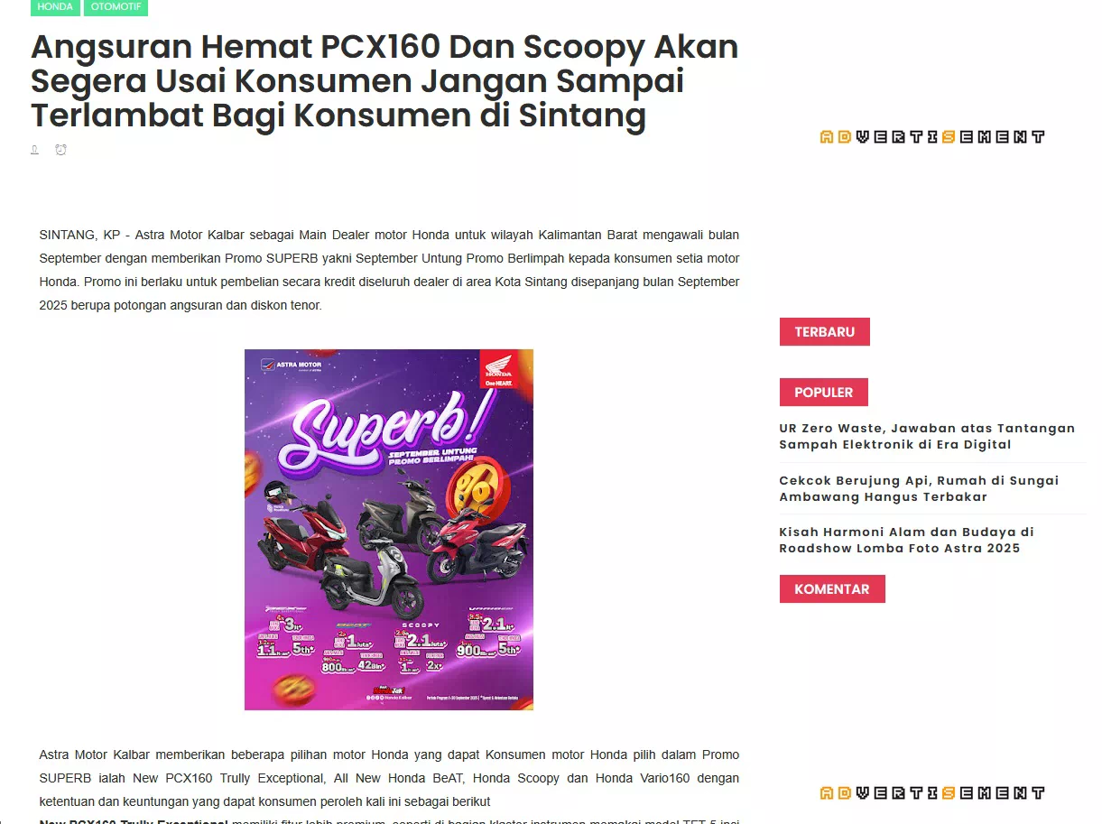 Angsuran Hemat PCX160 Dan Scoopy Akan Segera Usai Konsumen Jangan Sampai Terlambat Bagi Konsumen di Sintang