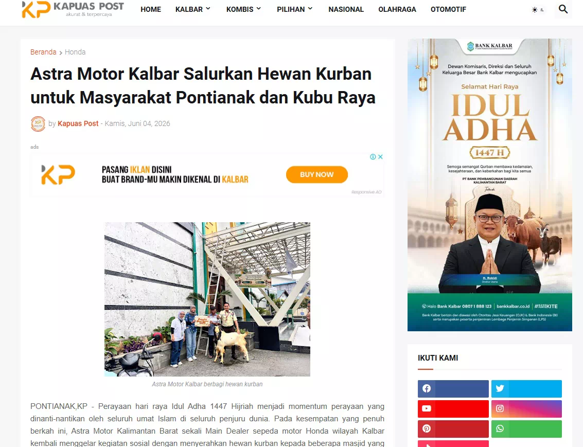 Astra Motor Kalbar Salurkan Hewan Kurban untuk Masyarakat Pontianak dan Kubu Raya