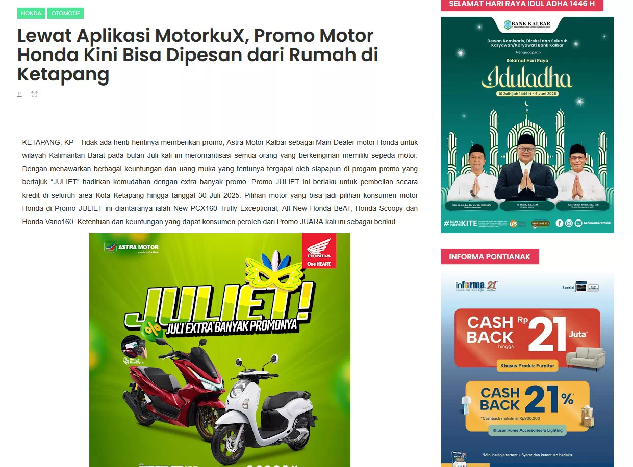 Lewat Aplikasi MotorkuX, Promo Motor Honda Kini Bisa Dipesan dari Rumah di Ketapang