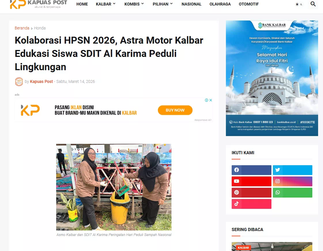 Kolaborasi HPSN 2026, Astra Motor Kalbar Edukasi Siswa SDIT Al Karima Peduli Lingkungan
