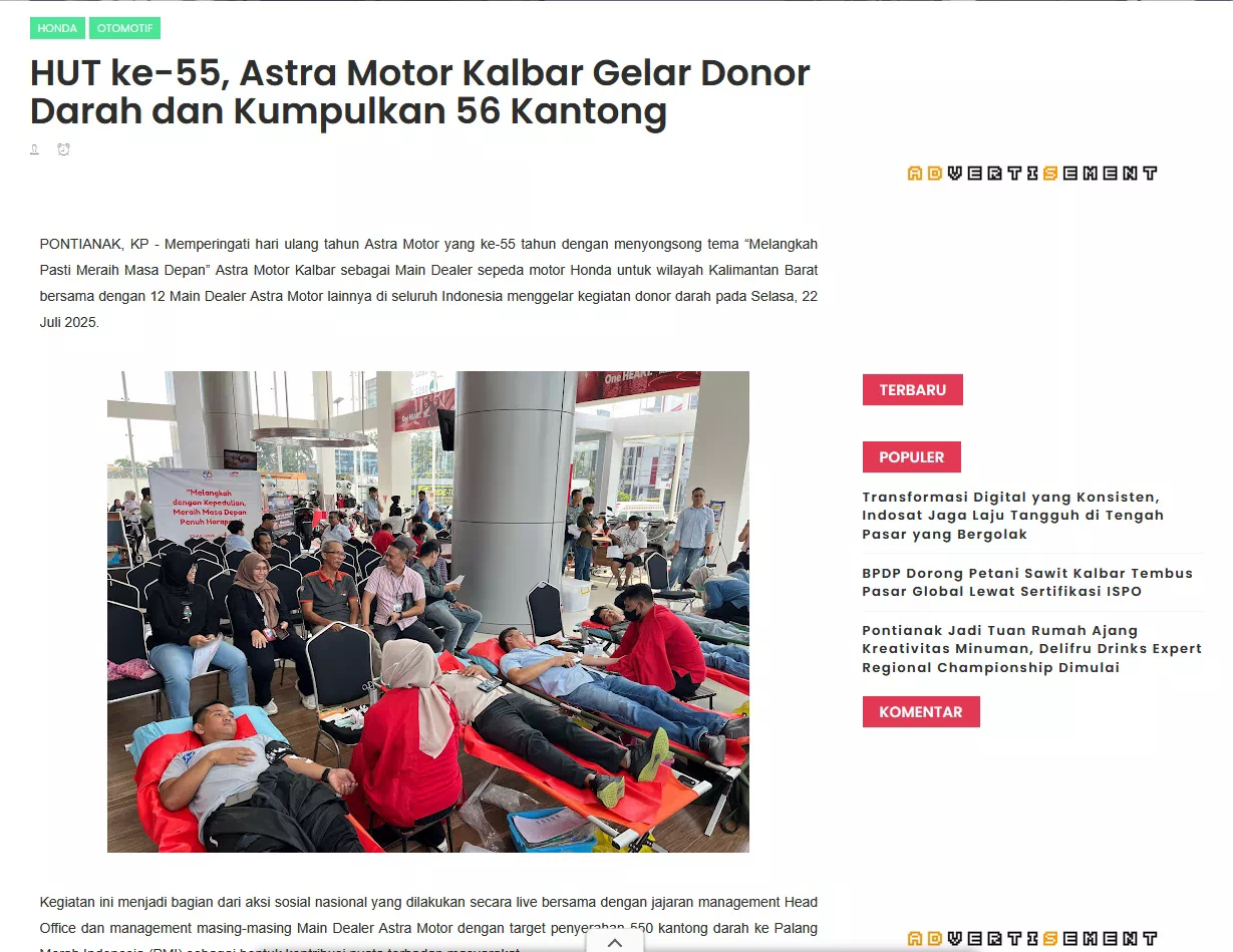 HUT ke-55, Astra Motor Kalbar Gelar Donor Darah dan Kumpulkan 56 Kantong