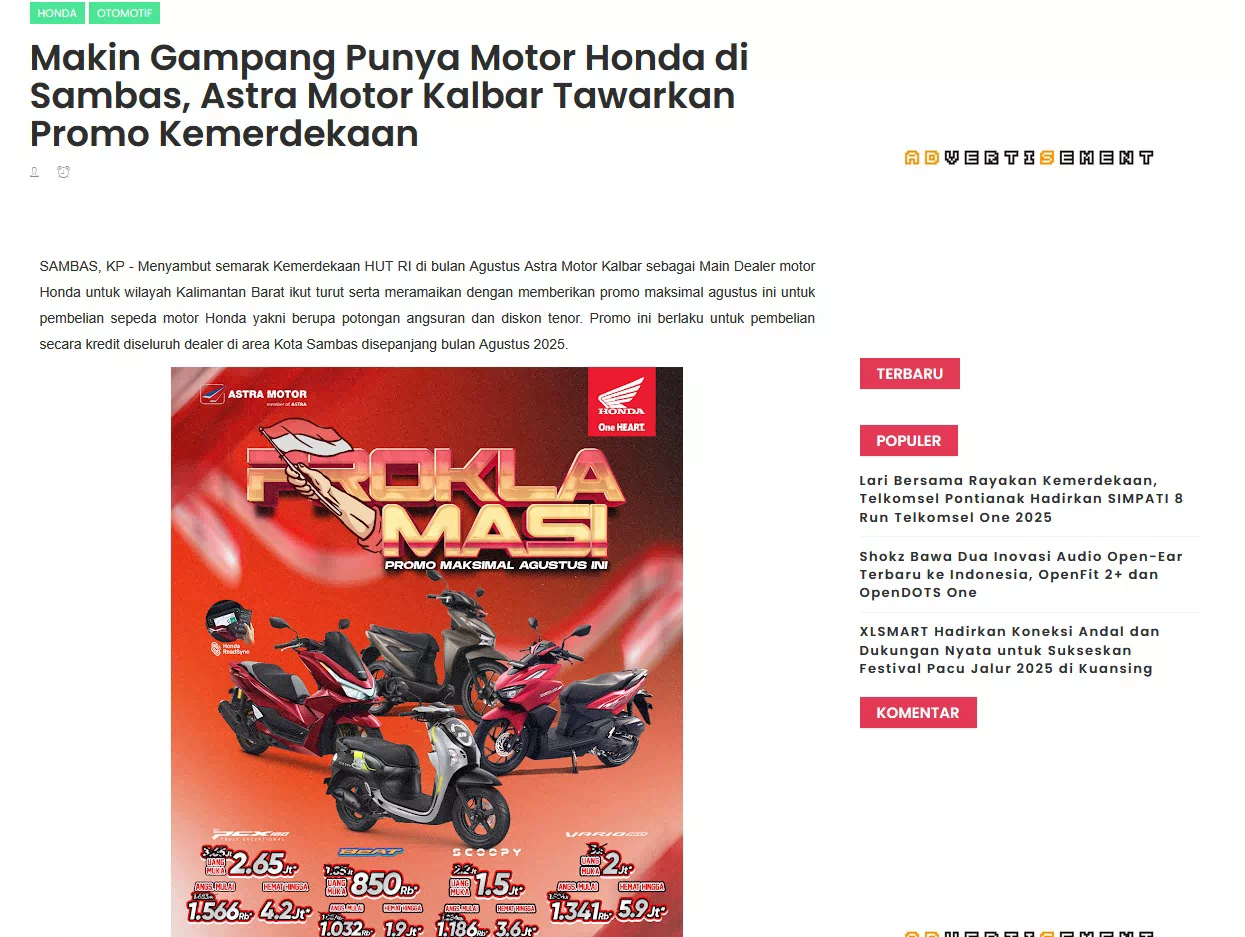 Makin Gampang Punya Motor Honda di Sambas, Astra Motor Kalbar Tawarkan Promo Kemerdekaan