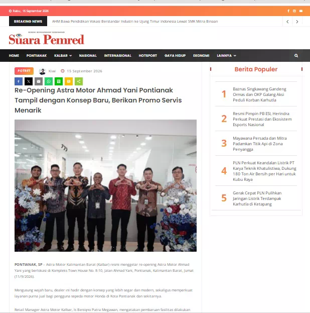 Re-Opening Astra Motor Ahmad Yani Pontianak Tampil dengan Konsep Baru, Berikan Promo Servis Menarik
