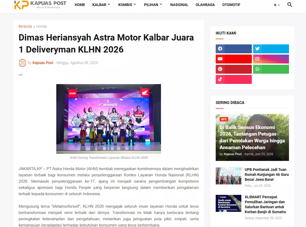 Dimas Heriansyah Astra Motor Kalbar Juara 1 Deliveryman KLHN 2026