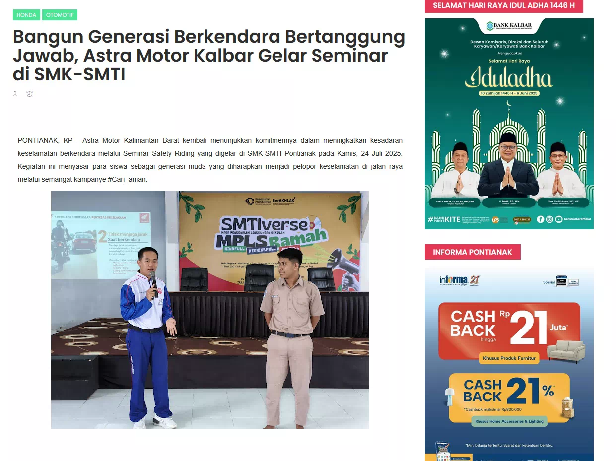 Bangun Generasi Berkendara Bertanggung Jawab, Astra Motor Kalbar Gelar Seminar di SMK-SMTI