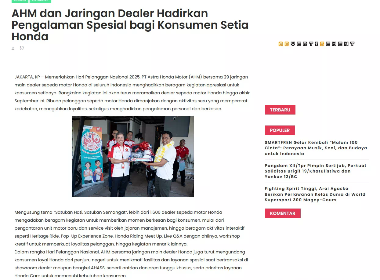 AHM dan Jaringan Dealer Hadirkan Pengalaman Spesial bagi Konsumen Setia Honda