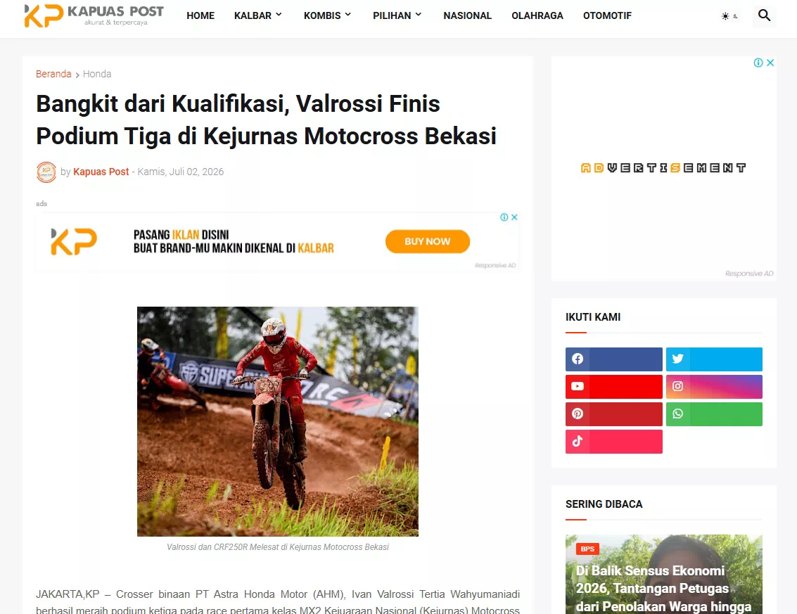 Bangkit dari Kualifikasi, Valrossi Finis Podium Tiga di Kejurnas Motocross Bekasi