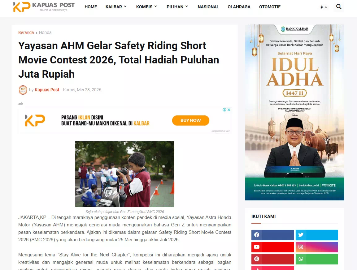 Yayasan AHM Gelar Safety Riding Short Movie Contest 2026, Total Hadiah Puluhan Juta Rupiah