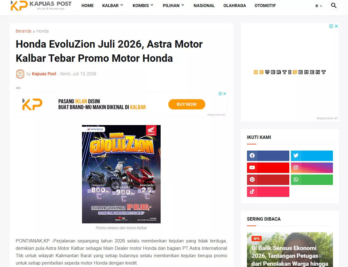 Honda EvoluZion Juli 2026, Astra Motor Kalbar Tebar Promo Motor Honda