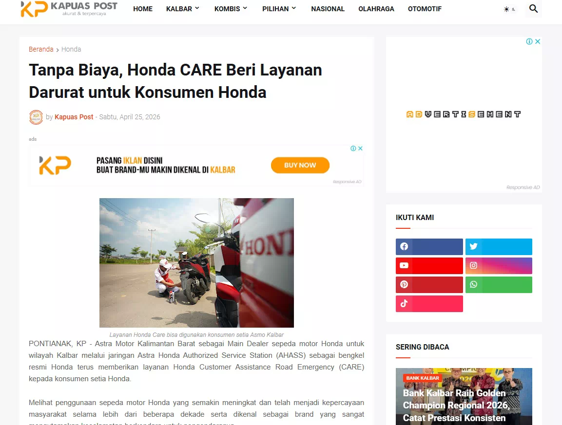 Tanpa Biaya, Honda CARE Beri Layanan Darurat untuk Konsumen Honda