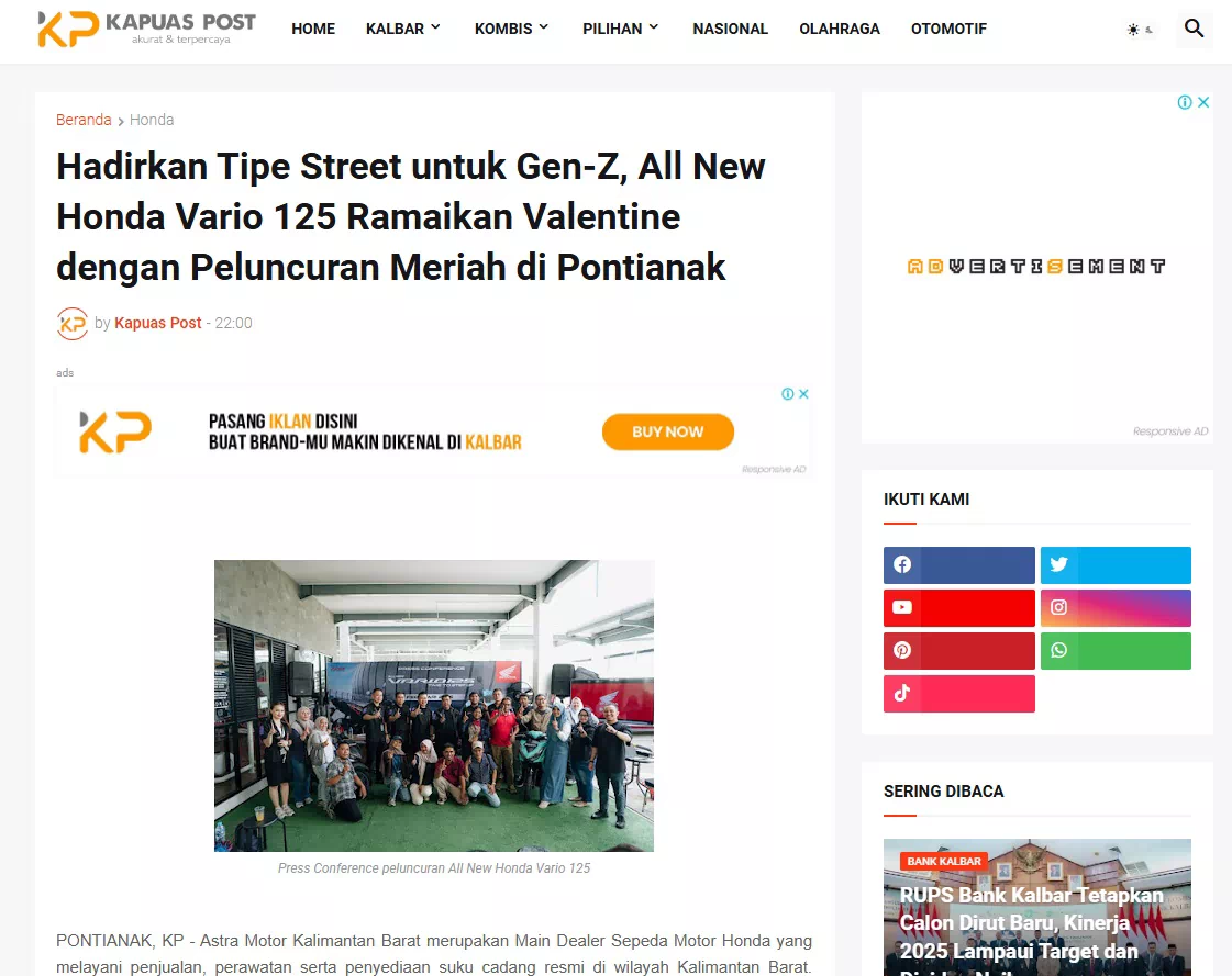 Hadirkan Tipe Street untuk Gen-Z, All New Honda Vario 125 Ramaikan Valentine dengan Peluncuran Meriah di Pontianak