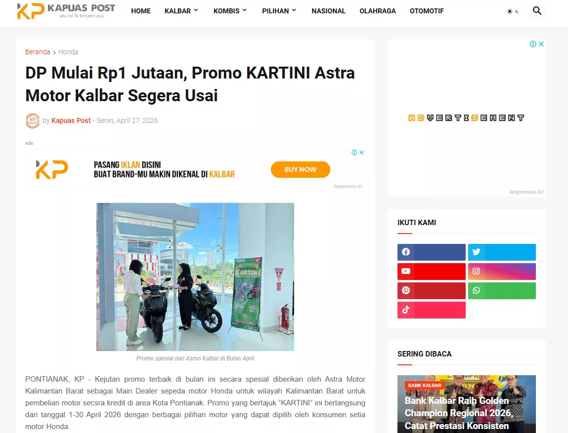 DP Mulai Rp1 Jutaan, Promo KARTINI Astra Motor Kalbar Segera Usai