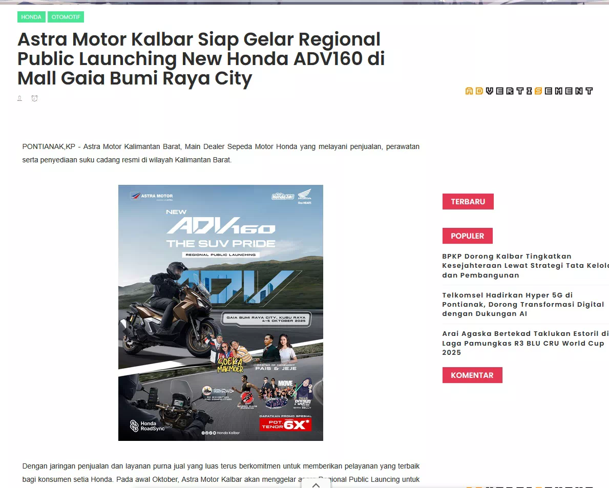 Astra Motor Kalbar Siap Gelar Regional Public Launching New Honda ADV160 di Mall Gaia Bumi Raya City