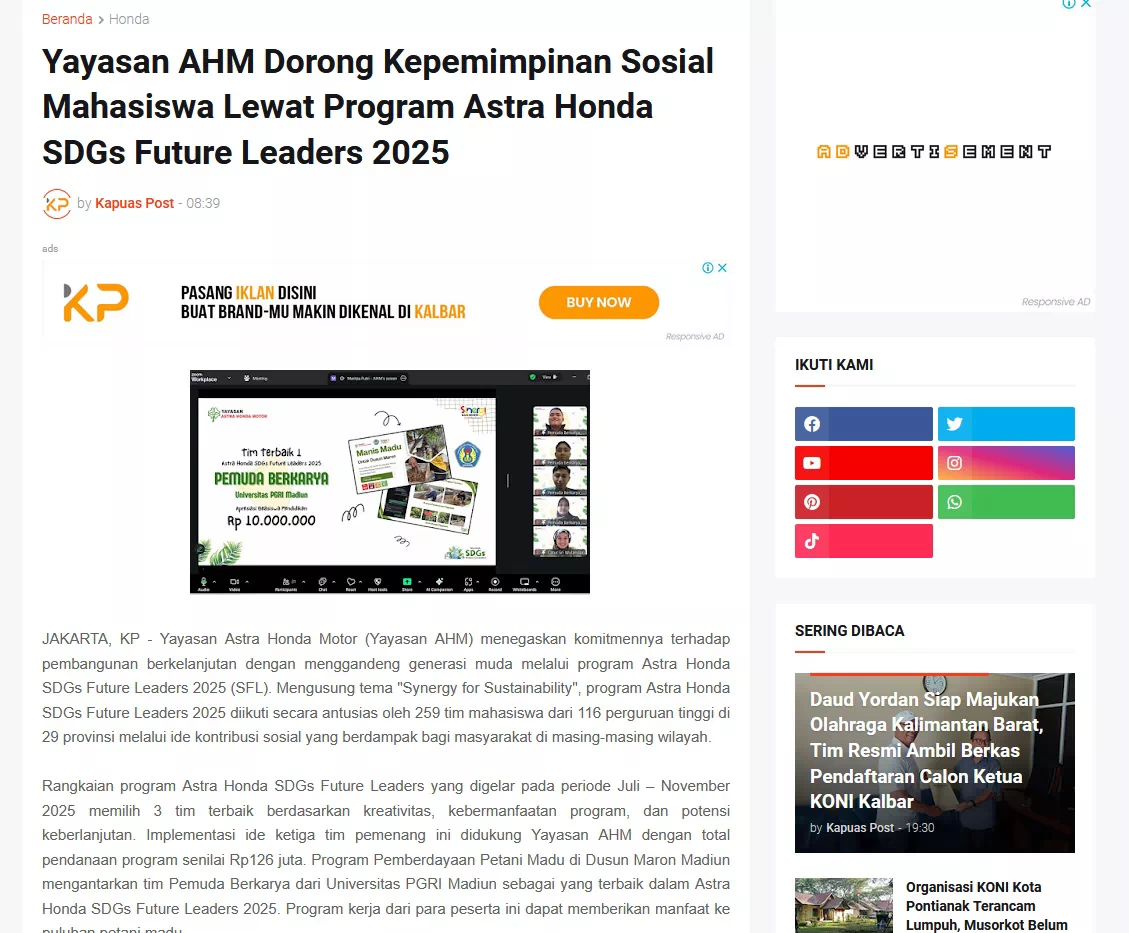 Yayasan AHM Dorong Kepemimpinan Sosial Mahasiswa Lewat Program Astra Honda SDGs Future Leaders 2025