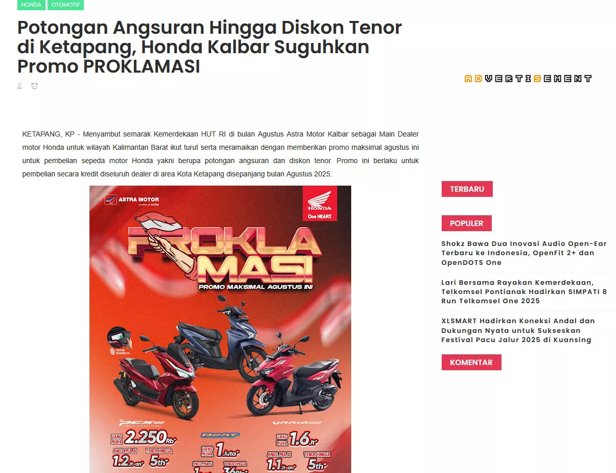 Potongan Angsuran Hingga Diskon Tenor di Ketapang, Honda Kalbar Suguhkan Promo PROKLAMASI