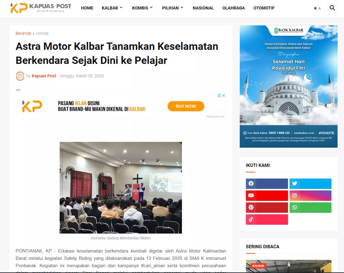 Astra Motor Kalbar Tanamkan Keselamatan Berkendara Sejak Dini ke Pelajar