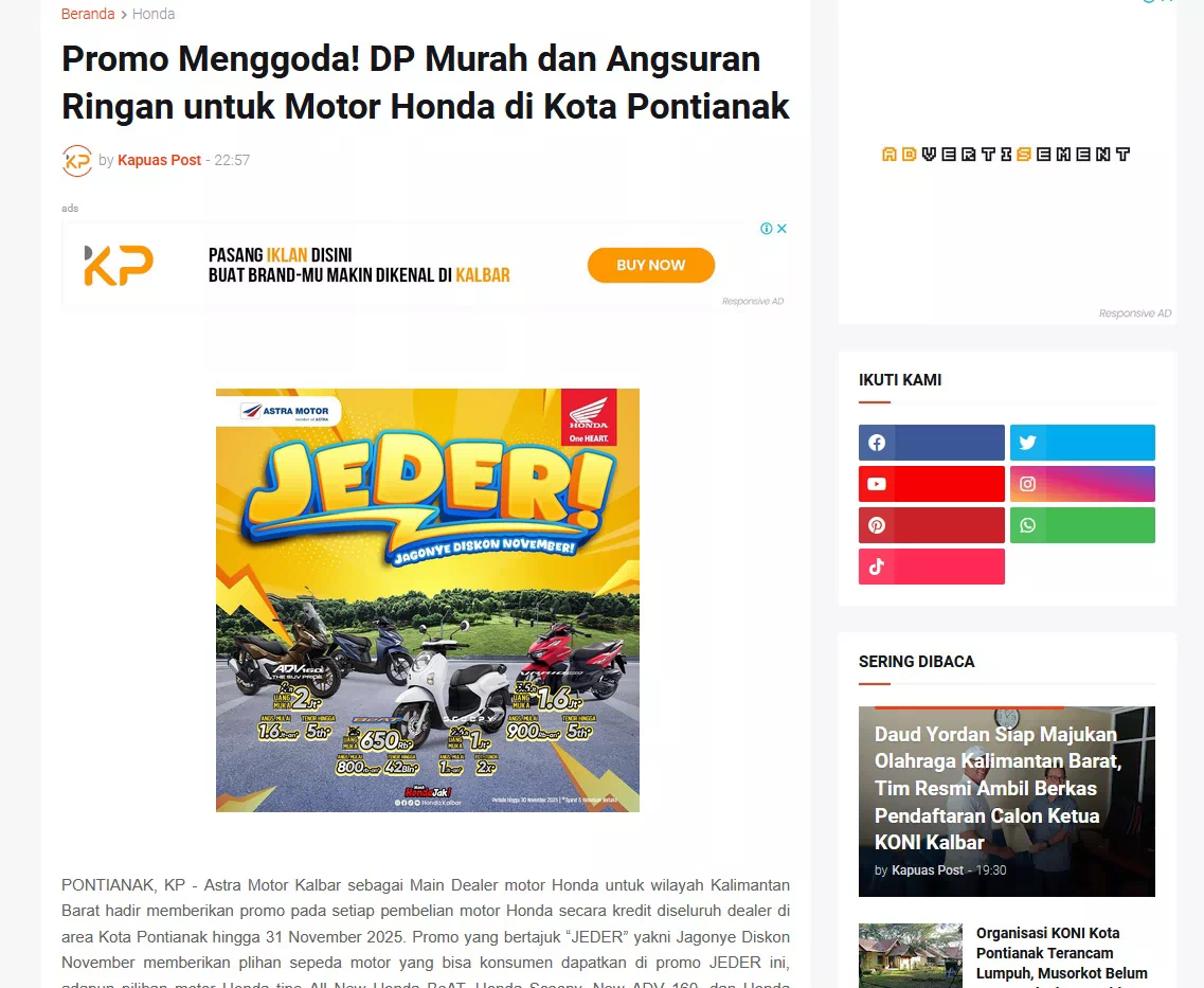Promo Menggoda! DP Murah dan Angsuran Ringan untuk Motor Honda di Kota Pontianak
