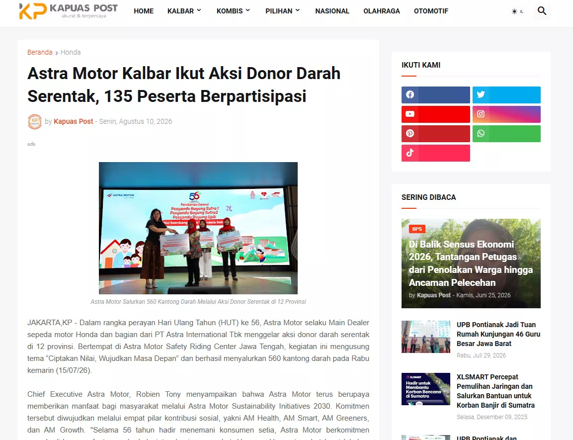 Astra Motor Kalbar Ikut Aksi Donor Darah Serentak, 135 Peserta Berpartisipasi