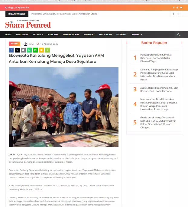 Ekowisata Kalitalang Menggeliat, Yayasan AHM Antarkan Kemalang Menuju Desa Sejahtera