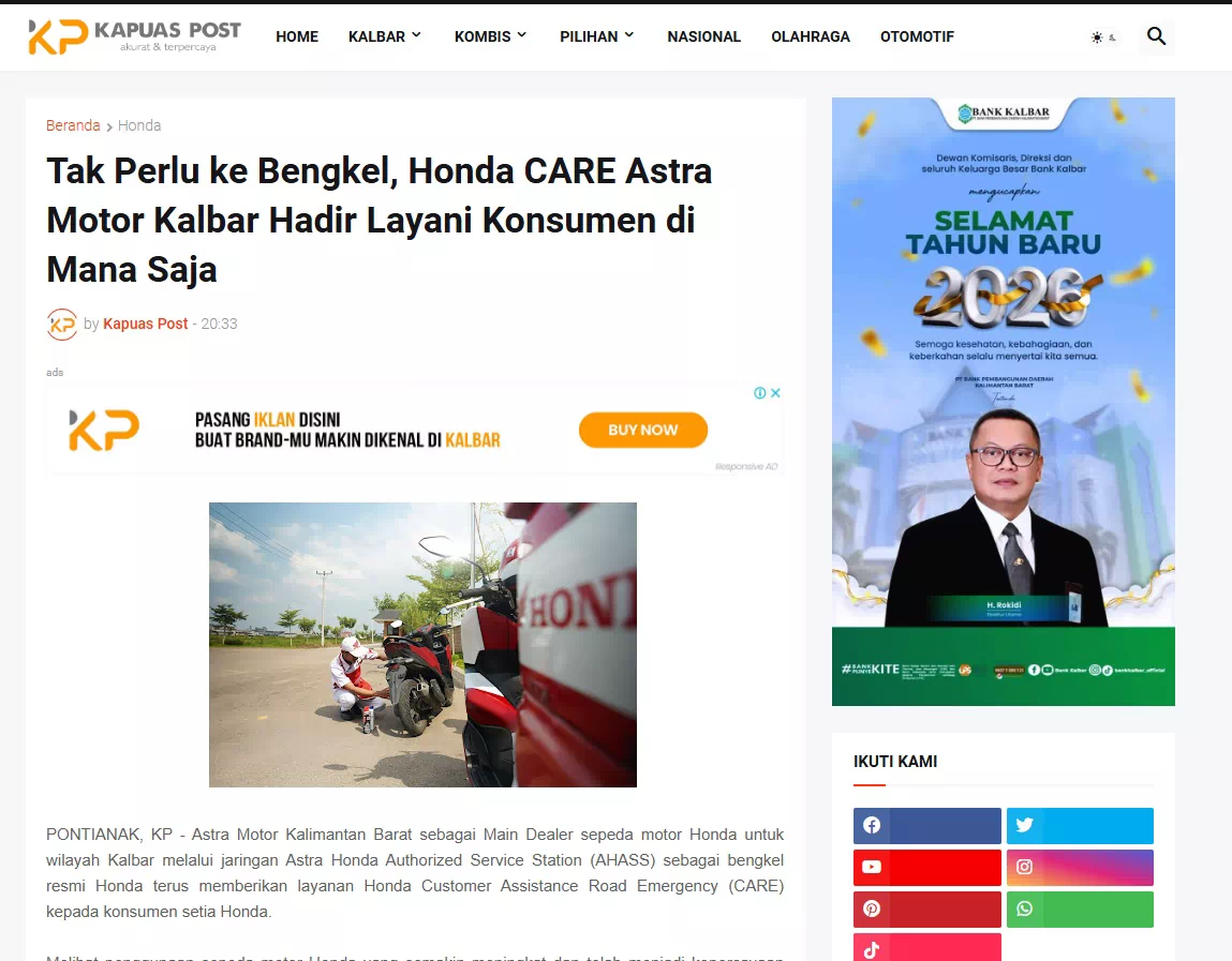 Tak Perlu ke Bengkel, Honda CARE Astra Motor Kalbar Hadir Layani Konsumen di Mana Saja