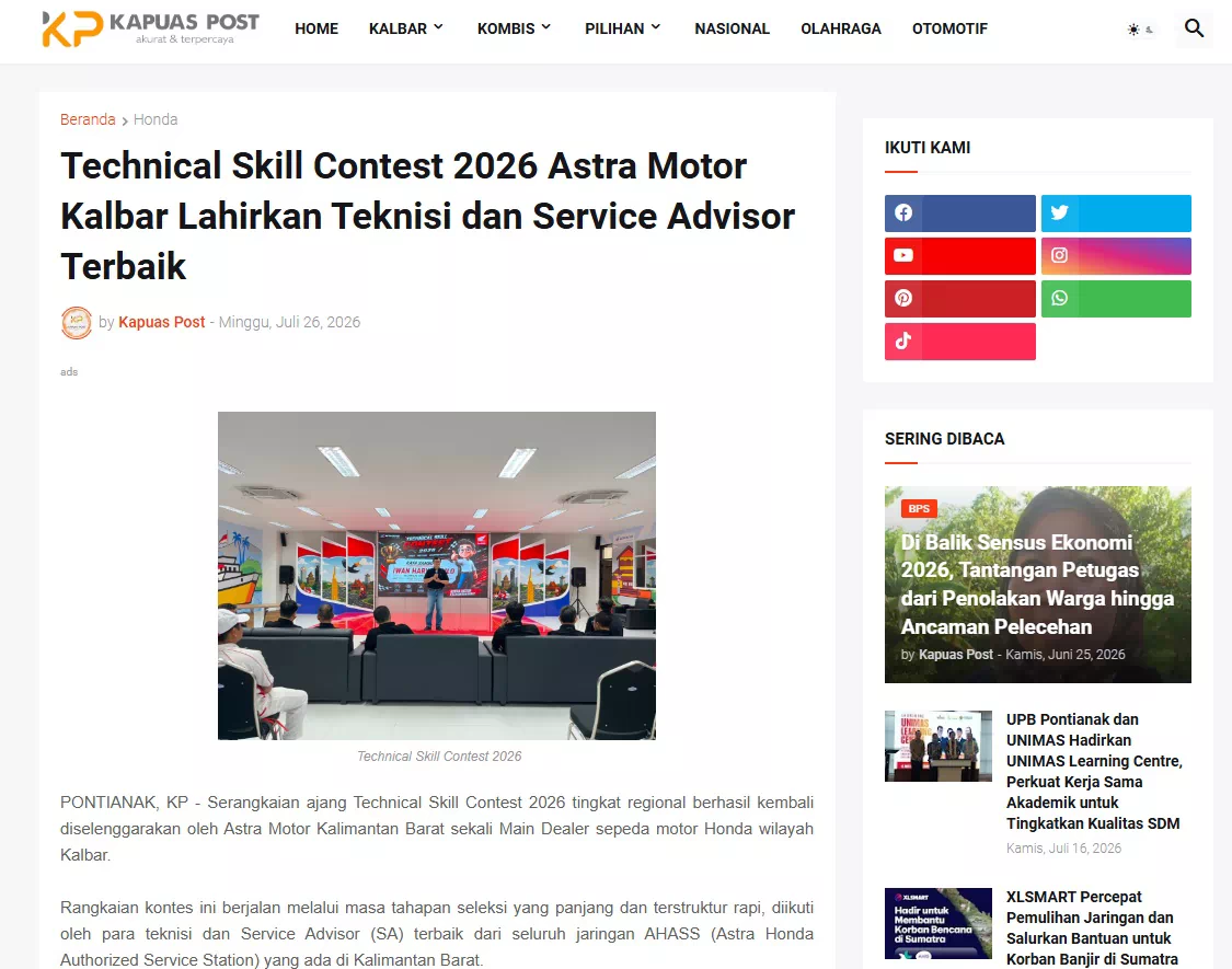 Technical Skill Contest 2026 Astra Motor Kalbar Lahirkan Teknisi dan Service Advisor Terbaik