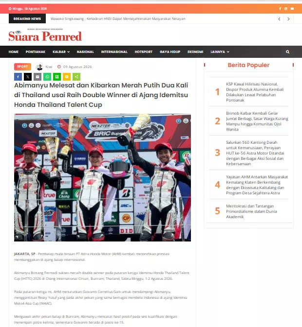 Abimanyu Melesat dan Kibarkan Merah Putih Dua Kali di Thailand usai Raih Double Winner di Ajang Idemitsu Honda Thailand Talent Cup