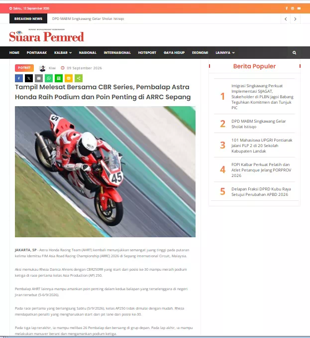 Tampil Melesat Bersama CBR Series, Pembalap Astra Honda Raih Podium dan Poin Penting di ARRC Sepang