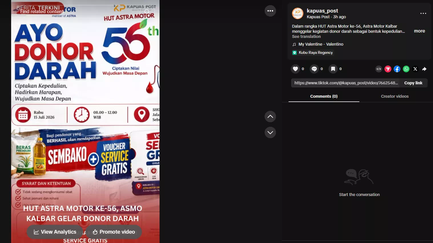 Dalam rangka HUT Astra Motor ke-56, Astra Motor Kalbar menggelar kegiatan donor darah sebagai bentuk kepedulian