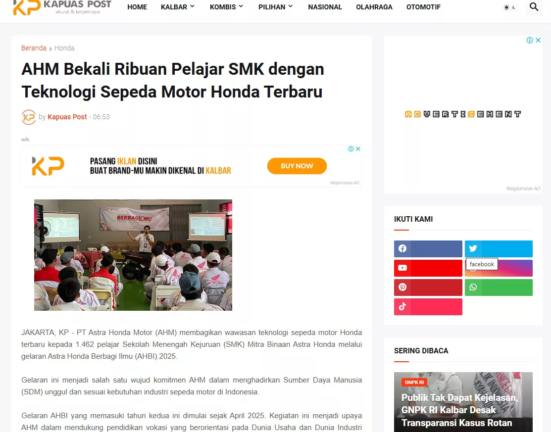 AHM Bekali Ribuan Pelajar SMK dengan Teknologi Sepeda Motor Honda Terbaru