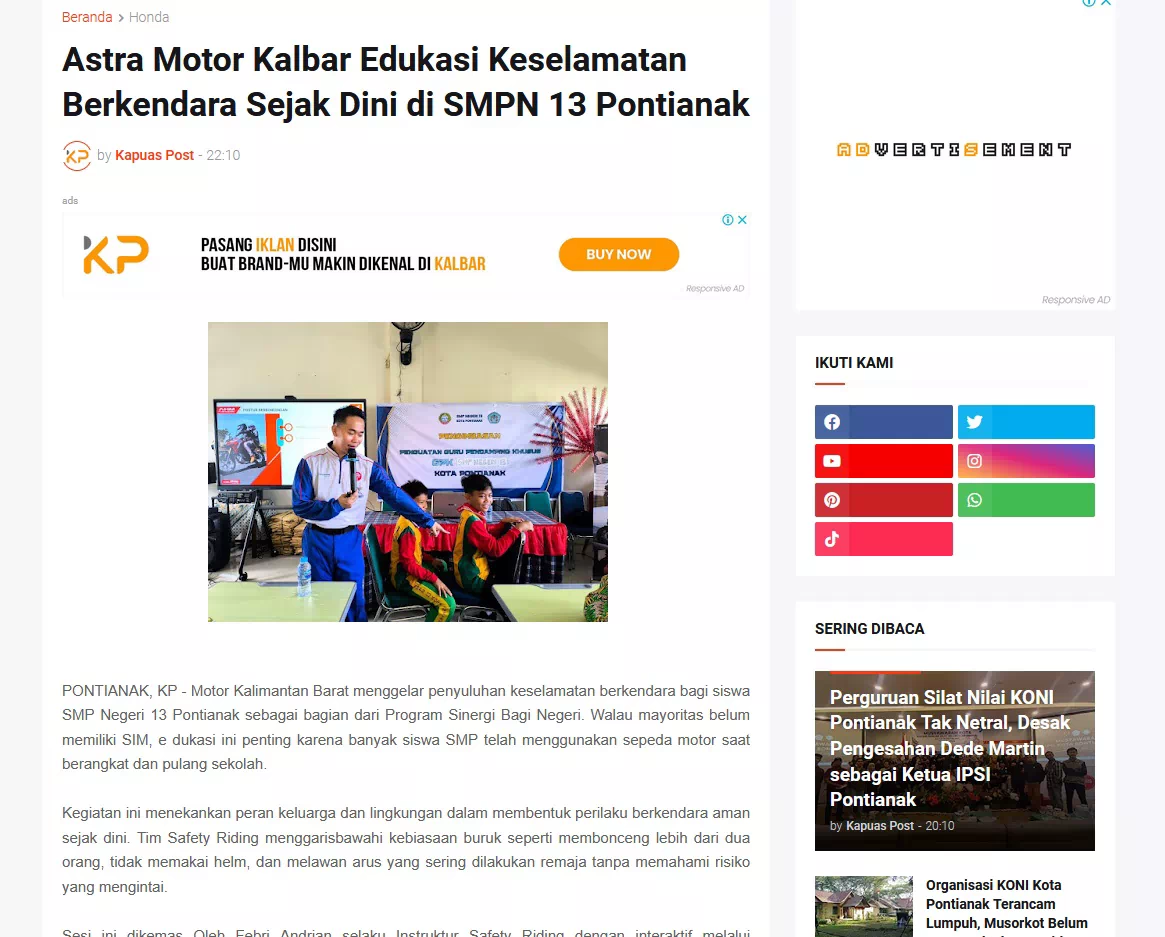 Astra Motor Kalbar Edukasi Keselamatan Berkendara Sejak Dini di SMPN 13 Pontianak