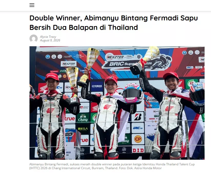 Double Winner, Abimanyu Bintang Fermadi Sapu Bersih Dua Balapan di Thailand