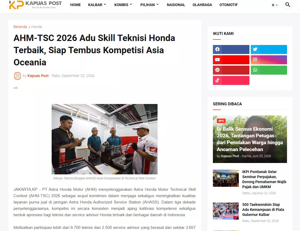 AHM-TSC 2026 Adu Skill Teknisi Honda Terbaik, Siap Tembus Kompetisi Asia Oceania