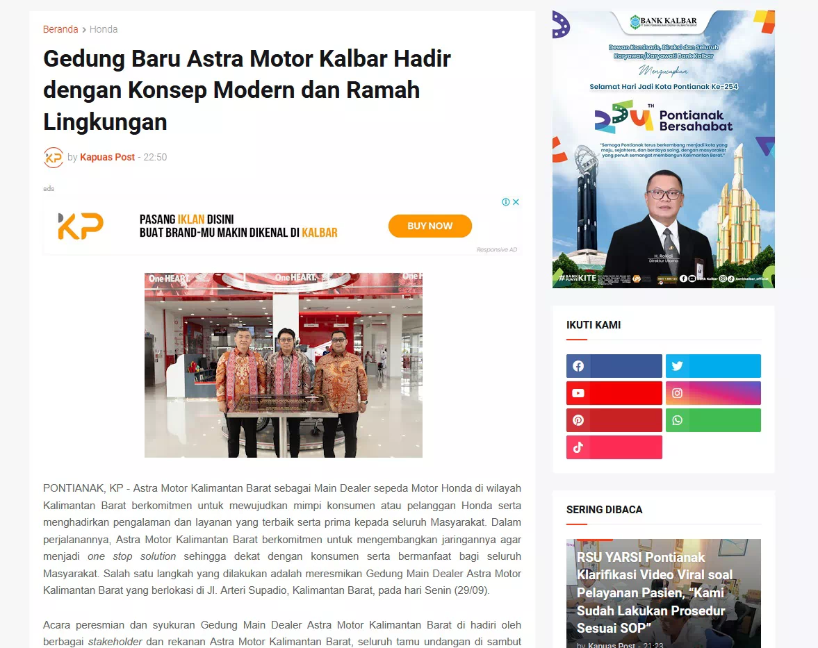 Gedung Baru Astra Motor Kalbar Hadir dengan Konsep Modern dan Ramah Lingkungan