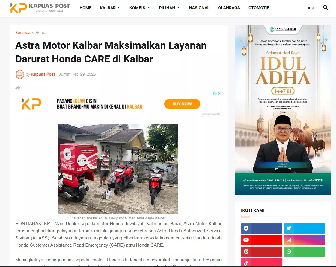 Astra Motor Kalbar Maksimalkan Layanan Darurat Honda CARE di Kalbar